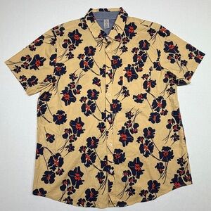 Hurley Hawaiian Men’s XL Tan Shirt Hibiscus Flowers Coastal Resort Stretch - EUC